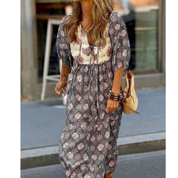 Dresses & Skirts - Boho Floral Print Neck Tie Puff Short Sleeve Midi Dress